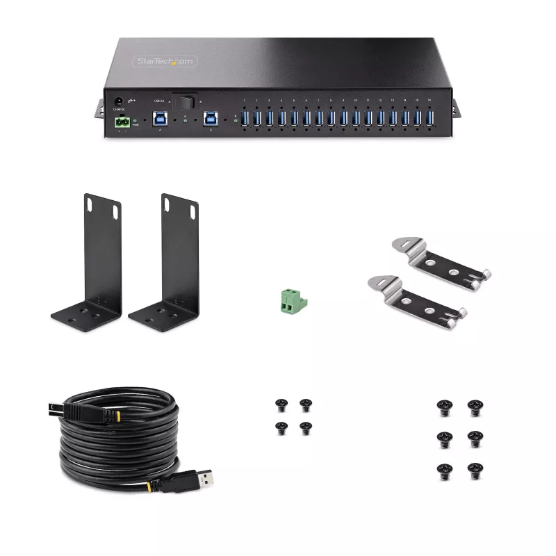 StarTech.com 16 pieslēgvietu rūpnieciskais USB 3.0 centrmezgls 5 Gbps, metāla, DIN/virsmas/statņa stiprināms, ESD aizsardzība, spaiļu bloka barošana, līdz 120 W koplietota USB uzlāde, divu resursdatoru centrmezgls/slēdzis