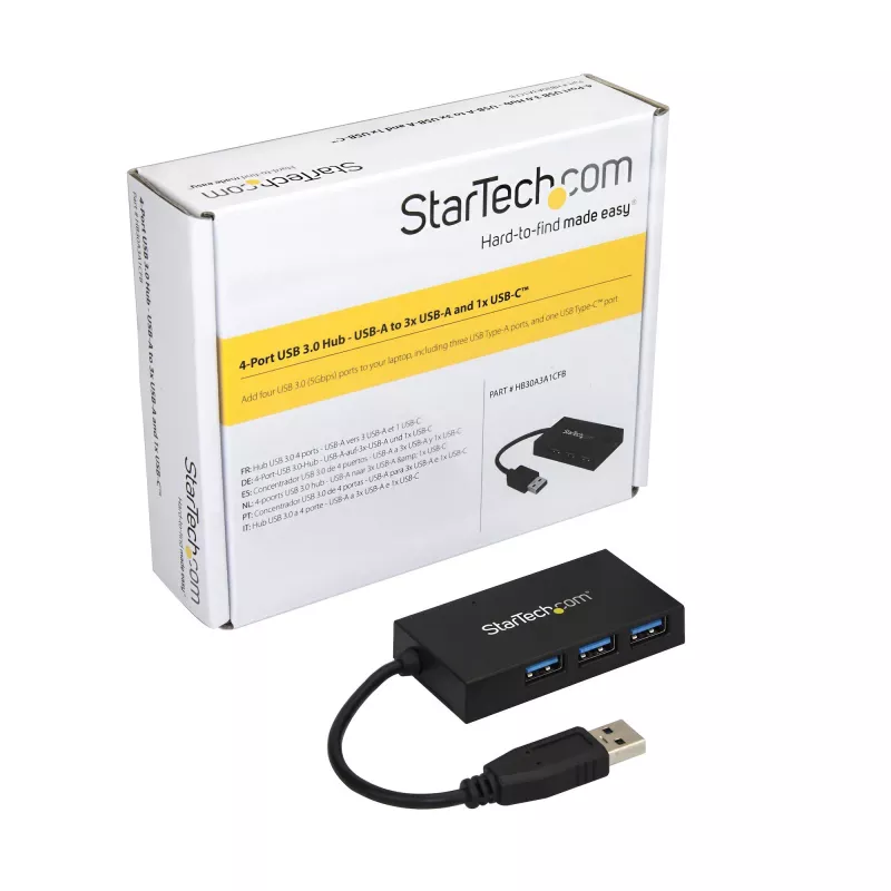 StarTech.com 4 Portu USB 3.0 Centrmezgls – USB Type-A centrmezgls ar 1x USB-C un 3x USB-A portiem (SuperSpeed 5Gbps) – Ar USB kopnes barošanu – USB 3.1 Gen 1 adaptera centrmezgls – Pārnēsājams/klēpjdatora USB centrmezgls