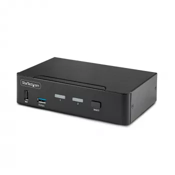 StarTech.com 2 portu DisplayPort KVM slēdzis, 8K 60 Hz / 4K 144 Hz, viens displejs, DP 1.4, 2x USB 3.0 porti, 4x USB 2.0 HID porti, pogu un karsto taustiņu pārslēgšana, TAA atbilstošs — no OS neatkarīgs, metāla korpuss