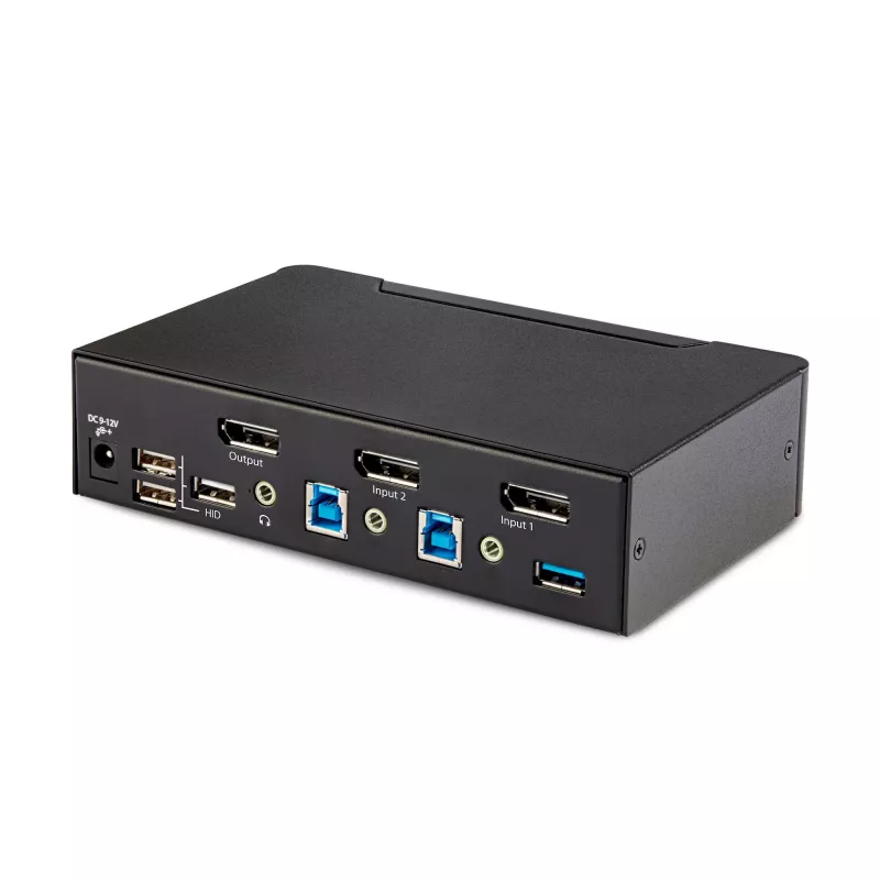 StarTech.com 2 portu DisplayPort KVM slēdzis, 8K 60 Hz / 4K 144 Hz, viens displejs, DP 1.4, 2x USB 3.0 porti, 4x USB 2.0 HID porti, pogu un karsto taustiņu pārslēgšana, TAA atbilstošs — no OS neatkarīgs, metāla korpuss