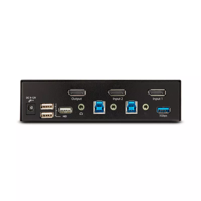 StarTech.com 2 portu DisplayPort KVM slēdzis, 8K 60 Hz / 4K 144 Hz, viens displejs, DP 1.4, 2x USB 3.0 porti, 4x USB 2.0 HID porti, pogu un karsto taustiņu pārslēgšana, TAA atbilstošs — no OS neatkarīgs, metāla korpuss