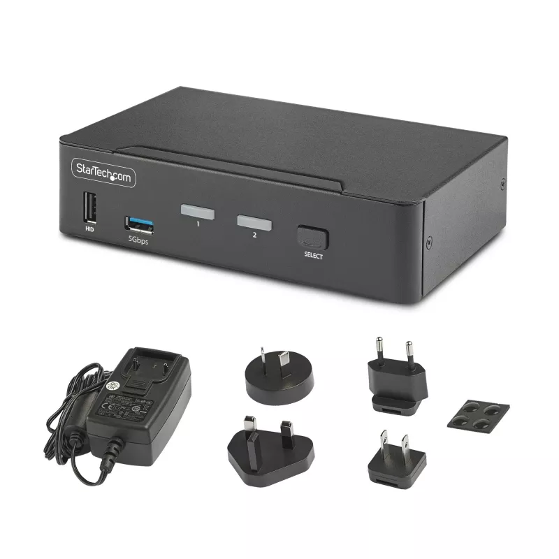 StarTech.com 2 portu DisplayPort KVM slēdzis, 8K 60 Hz / 4K 144 Hz, viens displejs, DP 1.4, 2x USB 3.0 porti, 4x USB 2.0 HID porti, pogu un karsto taustiņu pārslēgšana, TAA atbilstošs — no OS neatkarīgs, metāla korpuss