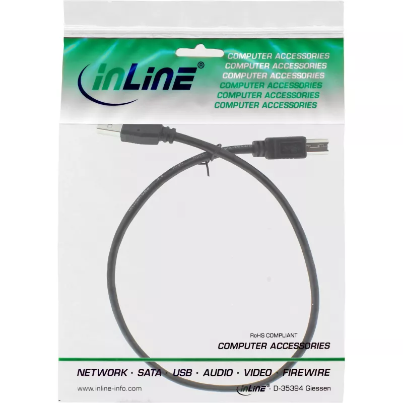 USB 2.0 kabelis Type A vīr. / B vīr. melns 0.5m InLine 34550X