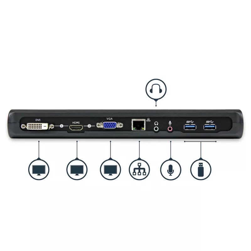 StarTech.com Divu monitoru USB 3.0 dokstacija ar HDMI un DVI/VGA ~ Divu monitoru USB 3.0 klēpjdatora dokstacija ar HDMI/DVI/VGA, 3x USB-A centrmezgls, GbE, audio, universāla Type-A doks Windows/macOS/ChromeOS - atbilst TAA