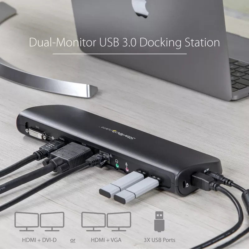 StarTech.com Divu monitoru USB 3.0 dokstacija ar HDMI un DVI/VGA ~ Divu monitoru USB 3.0 klēpjdatora dokstacija ar HDMI/DVI/VGA, 3x USB-A centrmezgls, GbE, audio, universāla Type-A doks Windows/macOS/ChromeOS - atbilst TAA