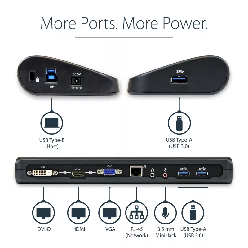 StarTech.com Divu monitoru USB 3.0 dokstacija ar HDMI un DVI/VGA ~ Divu monitoru USB 3.0 klēpjdatora dokstacija ar HDMI/DVI/VGA, 3x USB-A centrmezgls, GbE, audio, universāla Type-A doks Windows/macOS/ChromeOS - atbilst TAA
