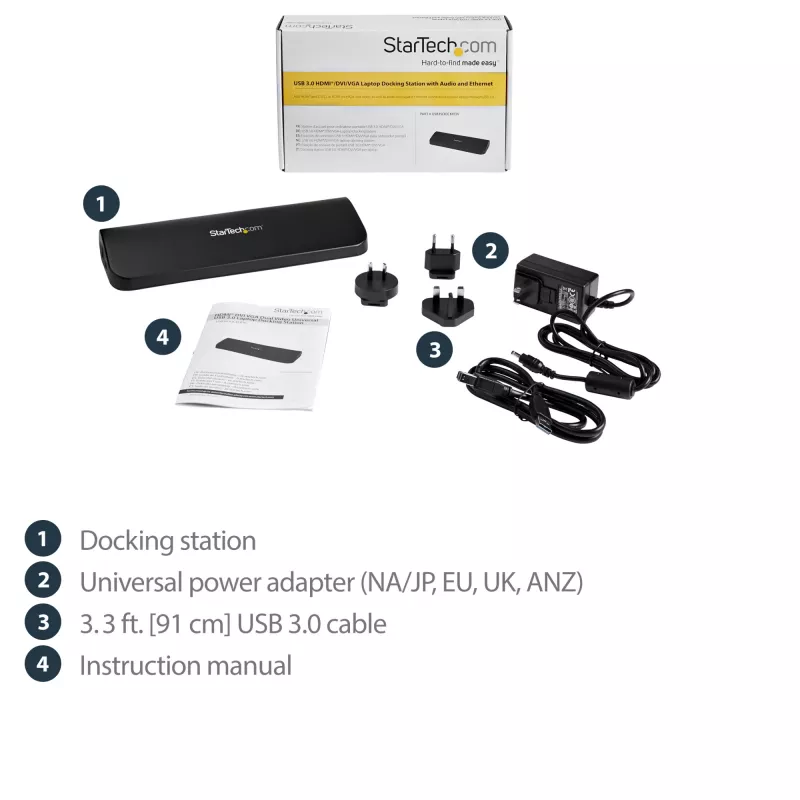 StarTech.com Divu monitoru USB 3.0 dokstacija ar HDMI un DVI/VGA ~ Divu monitoru USB 3.0 klēpjdatora dokstacija ar HDMI/DVI/VGA, 3x USB-A centrmezgls, GbE, audio, universāla Type-A doks Windows/macOS/ChromeOS - atbilst TAA