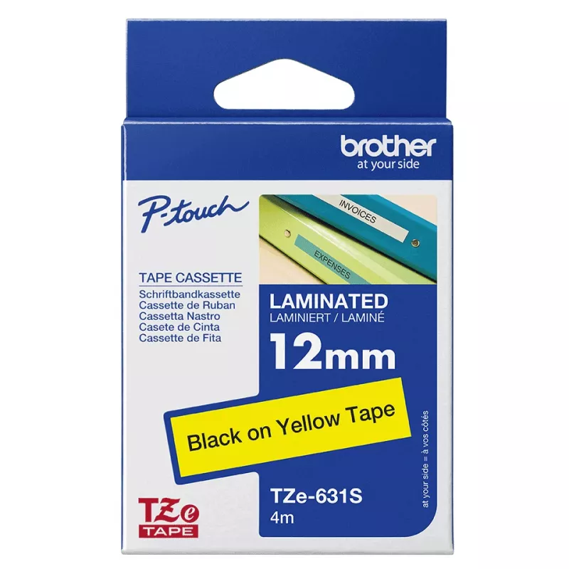 Brother TZE631S etiķešu lente melna uz dzeltena fona TZe
