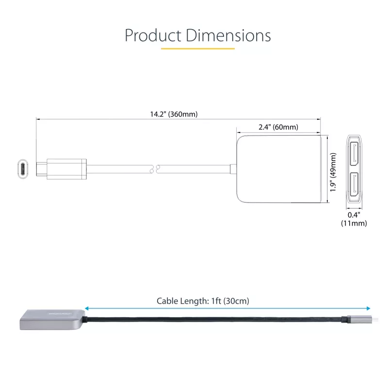 StarTech.com USB-C uz divu Displayport 1.4 adapteri, USB Type-C vairāku monitoru MST centrmezgls, divu 5K 60Hz DP klēpjdatora displeja paplašinātājs/sadalītājs, HDR, īpaši garš iebūvēts kabelis – tikai Windows