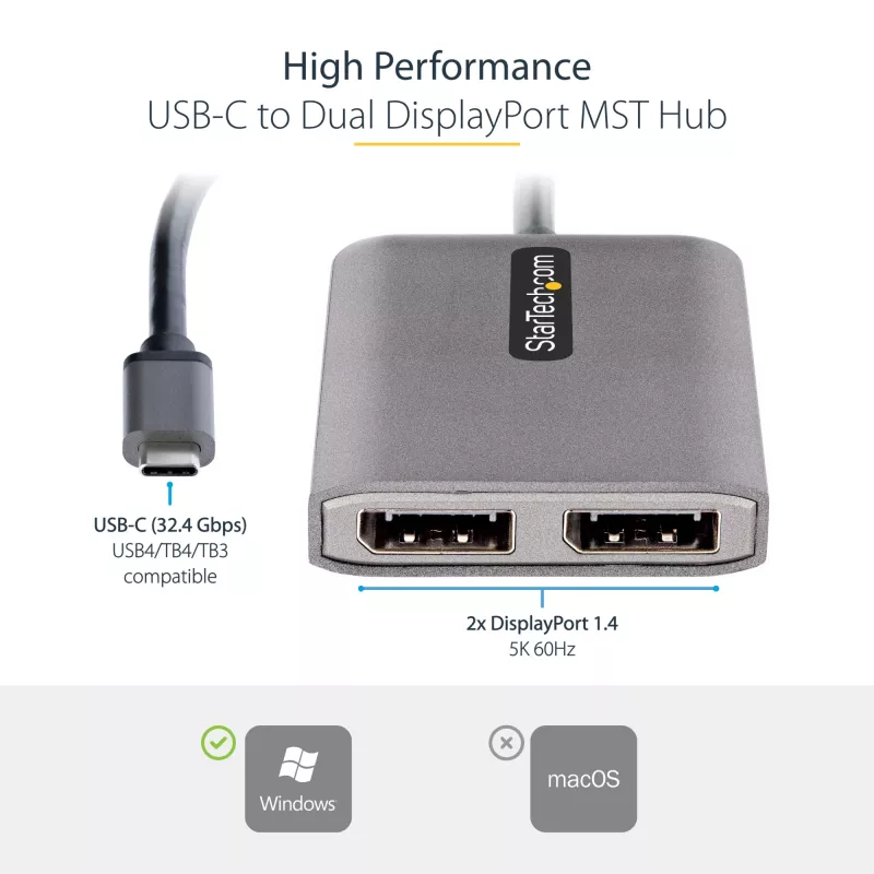 StarTech.com USB-C uz divu Displayport 1.4 adapteri, USB Type-C vairāku monitoru MST centrmezgls, divu 5K 60Hz DP klēpjdatora displeja paplašinātājs/sadalītājs, HDR, īpaši garš iebūvēts kabelis – tikai Windows