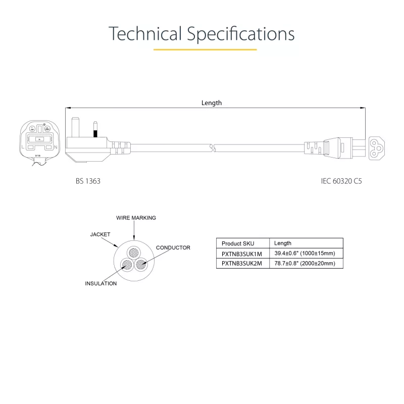 StarTech.com 3 pēdu (1 m) Lielbritānijas klēpjdatora strāvas kabelis, BS 1363 uz C5 (āboliņa lapa), 2,5 A 250 V, 18AWG, Lielbritānijas klēpjdatora nomaiņas vads, printera strāvas kabelis, klēpjdatora lādētāja vads, klēpjdatora strāvas bloka vads
