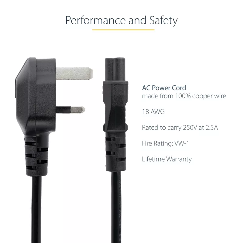 StarTech.com 3 pēdu (1 m) Lielbritānijas klēpjdatora strāvas kabelis, BS 1363 uz C5 (āboliņa lapa), 2,5 A 250 V, 18AWG, Lielbritānijas klēpjdatora nomaiņas vads, printera strāvas kabelis, klēpjdatora lādētāja vads, klēpjdatora strāvas bloka vads