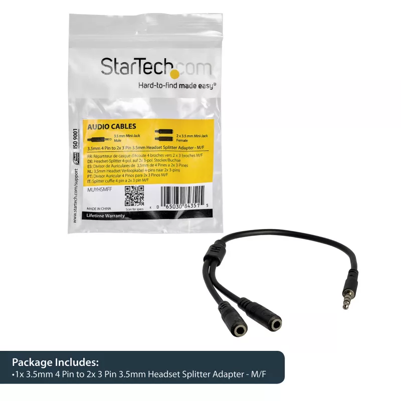 StarTech.com austiņu adapteris austiņām ar atsevišķiem austiņu / mikrofona spraudņiem - 3,5 mm 4 polu uz 2x 3 polu 3,5 mm vīr./siev.