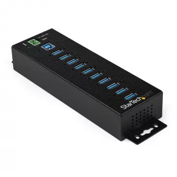 StarTech.com 10 portu USB 3.0 centrmezgls ar strāvas adapteri - metāla industriālais USB-A centrmezgls ar ESD un 350 W pārsprieguma aizsardzību - DIN/sienas/galda stiprinājums - ātrdarbīgs USB 3.2 Gen 1 (5 Gbps) centrmezgls