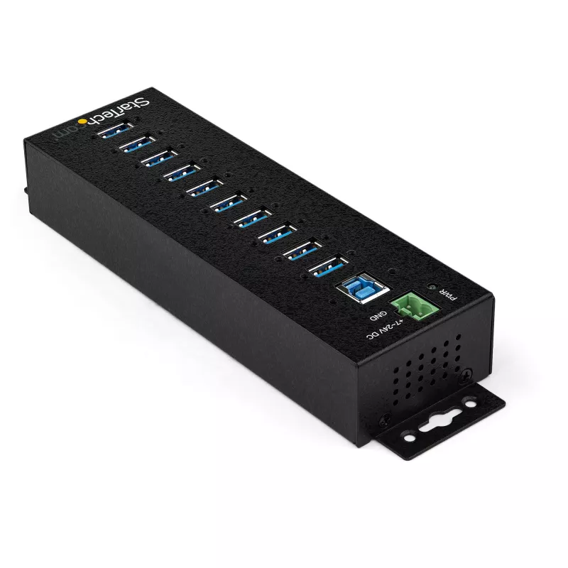 StarTech.com 10 portu USB 3.0 centrmezgls ar strāvas adapteri - metāla industriālais USB-A centrmezgls ar ESD un 350 W pārsprieguma aizsardzību - DIN/sienas/galda stiprinājums - ātrdarbīgs USB 3.2 Gen 1 (5 Gbps) centrmezgls