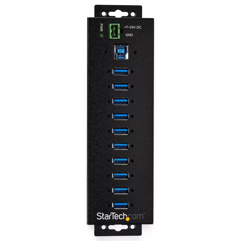 StarTech.com 10 portu USB 3.0 centrmezgls ar strāvas adapteri - metāla industriālais USB-A centrmezgls ar ESD un 350 W pārsprieguma aizsardzību - DIN/sienas/galda stiprinājums - ātrdarbīgs USB 3.2 Gen 1 (5 Gbps) centrmezgls