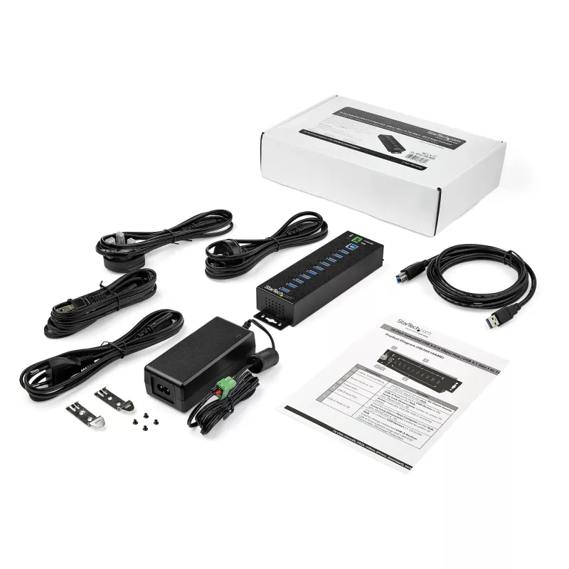 StarTech.com 10 portu USB 3.0 centrmezgls ar strāvas adapteri - metāla industriālais USB-A centrmezgls ar ESD un 350 W pārsprieguma aizsardzību - DIN/sienas/galda stiprinājums - ātrdarbīgs USB 3.2 Gen 1 (5 Gbps) centrmezgls