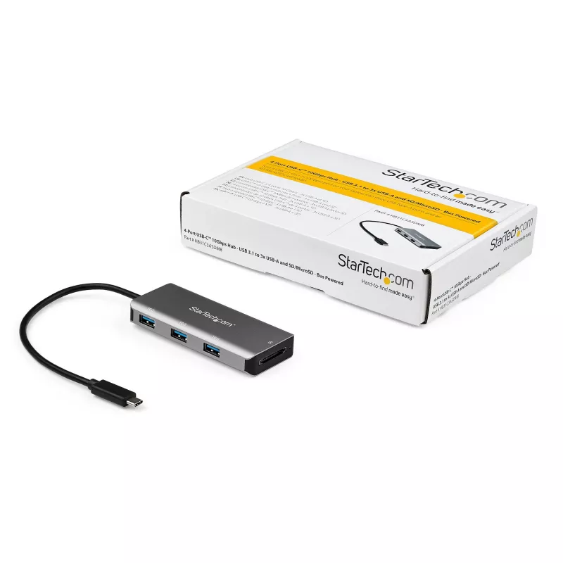 StarTech.com 3 Port 10Gbps USB C Hub with SD Card Reader - 3x USB-A & 1x SD Slot - Portable USB 3.1/3.2 Gen 2 Type C Adapter Hub - Laptop Hub - USB Bus Powered - Thunderbolt 3 Saderīga~3 Port 10Gbps USB C Hub with SD Card Reader - 3x USB-A & 1x SD Slot - Portable USB 3.2 Gen 2 Type C Adapter Hub - Laptop Hub - USB Bus Powered - Thunderbolt 3 Saderīga
