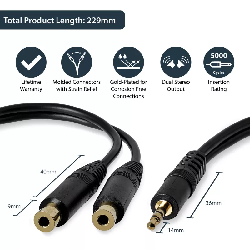 StarTech.com 6 collu stereo sadalītāja kabelis – 3,5 mm spraudnis uz 2x 3,5 mm ligzda