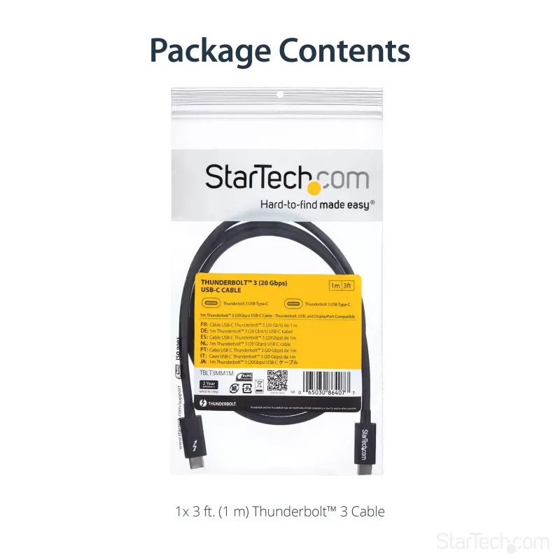 StarTech.com 1m Thunderbolt 3 (20Gbps) USB-C kabelis — saderīgs ar Thunderbolt, USB un DisplayPort
