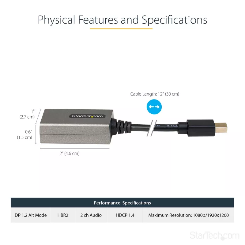 StarTech.com Mini DisplayPort to HDMI Adapter - mDP to HDMI Adapter Dongle - 1080p - Mini DisplayPort 1.2 to HDMI Monitor/Display - Mini DP to HDMI Video Converter - 12 collu garš pievienots kabelis - MDP2HDMI uzlabotā versija