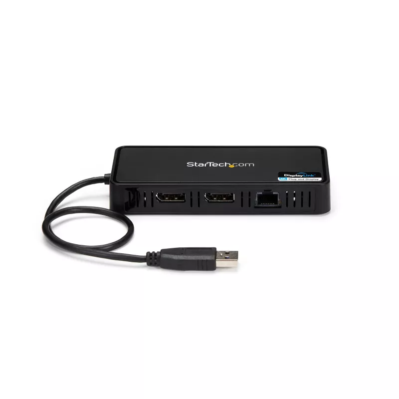 StarTech.com USB 3.0 Mini dokstacija - divu monitoru USB-A dokstacija ar DisplayPort 4K 60Hz video un Gigabit Ethernet - 1 pēdas (30 cm) kabelis - pārnēsājams USB 3.1 Gen 1 Type-A klēpjdatora adapteris