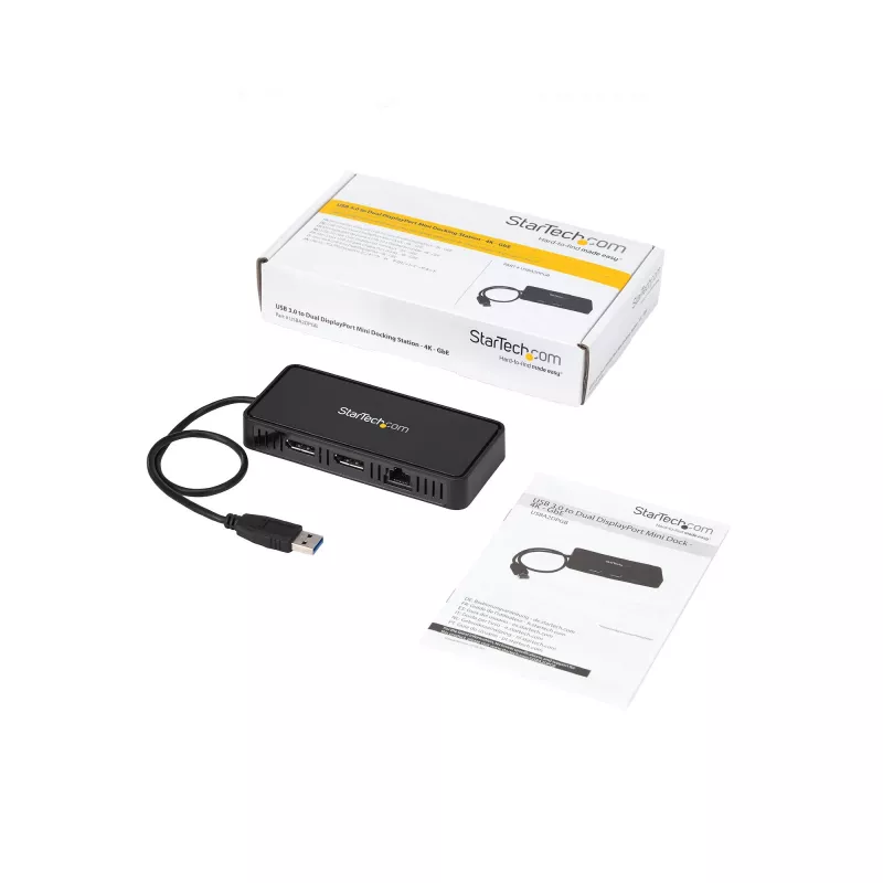 StarTech.com USB 3.0 Mini dokstacija - divu monitoru USB-A dokstacija ar DisplayPort 4K 60Hz video un Gigabit Ethernet - 1 pēdas (30 cm) kabelis - pārnēsājams USB 3.1 Gen 1 Type-A klēpjdatora adapteris