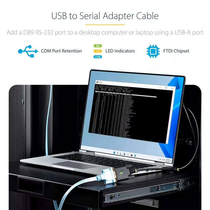 StarTech.com 10 pēdu (3 m) USB–seriālais adaptera kabelis, COM saglabāšana, maināmas skrūves/uzgriežņi, USB-A uz DB9 RS232, FTDI IC, ESD aizsardzība, Windows/macOS/Linux