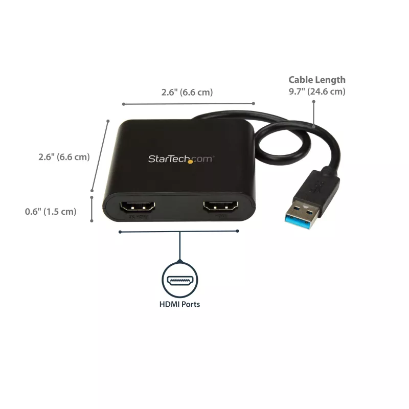 StarTech.com USB 3.0 uz divu HDMI adapteri, USB uz 2x HDMI monitora pārveidotājs Windows (nav atbalsta macOS/ChromeOS/Linux) - TAA