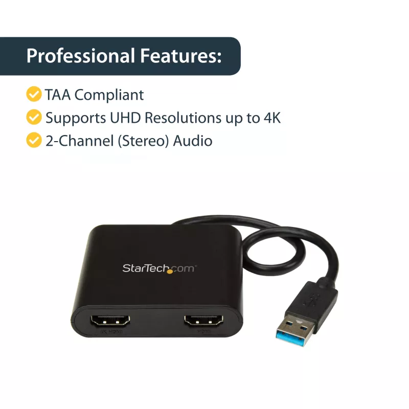 StarTech.com USB 3.0 uz divu HDMI adapteri, USB uz 2x HDMI monitora pārveidotājs Windows (nav atbalsta macOS/ChromeOS/Linux) - TAA