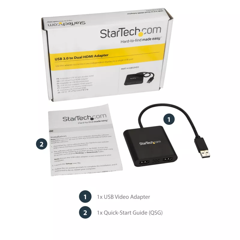 StarTech.com USB 3.0 uz divu HDMI adapteri, USB uz 2x HDMI monitora pārveidotājs Windows (nav atbalsta macOS/ChromeOS/Linux) - TAA