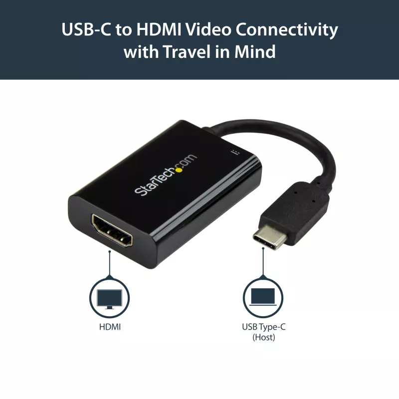 StarTech.com USB C uz HDMI 2.0 adapteris ar strāvas padevi - 4K 60Hz USB Type-C uz HDMI displeja video pārveidotājs - 60W PD caurlaides uzlādes ports - Thunderbolt 3 saderīgs - melns
