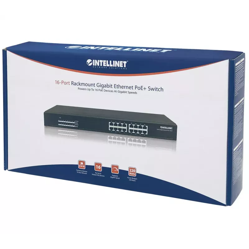 Nepārvaldāms slēdzis Intellinet 16 portu Gigabit Ethernet PoE+