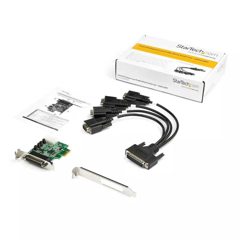 StarTech.com 4-portu PCI Express RS232 seriālais adaptera karte - PCIe RS232 seriālais resurskontrollera karte - PCIe uz seriālo DB9 - 16950 UART - Low Profile paplašināšanas karte - Windows/Linux - TAA