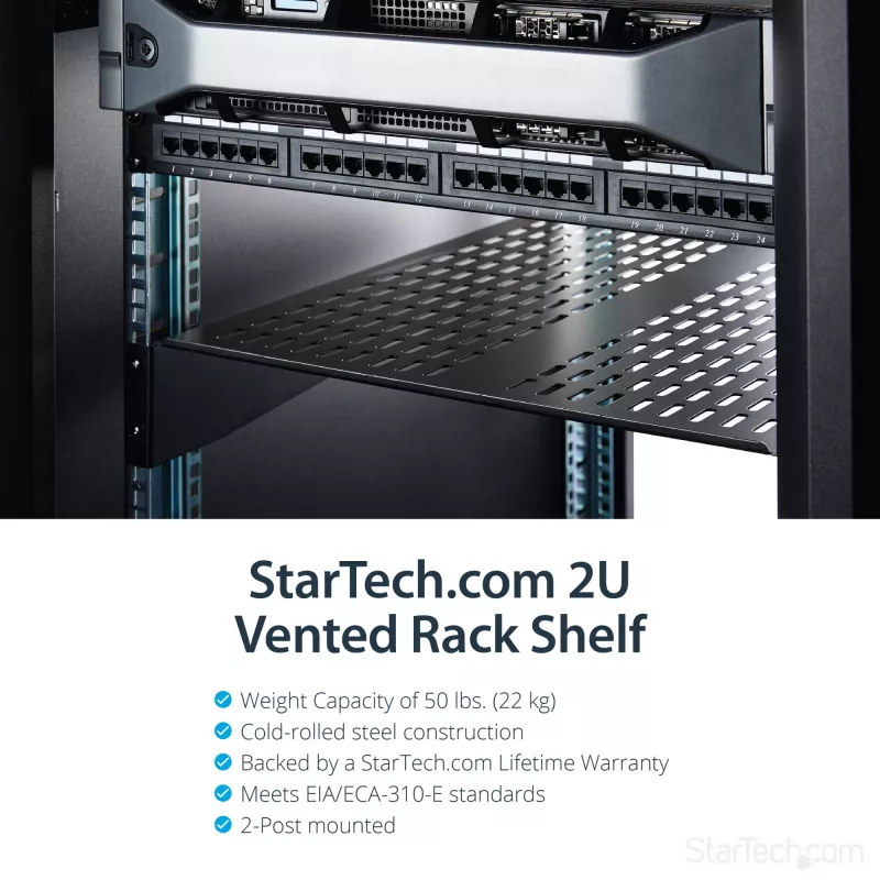 StarTech.com 2U serveru plaukta plaukts - Universāla ventilējama statīva montāžas konsole 19 collu tīkla aprīkojuma statīvam un skapim - Lieljaudas tērauds – Kravnesība 50 mārciņas/23 kg - 22 collu dziļš plaukts, melns
