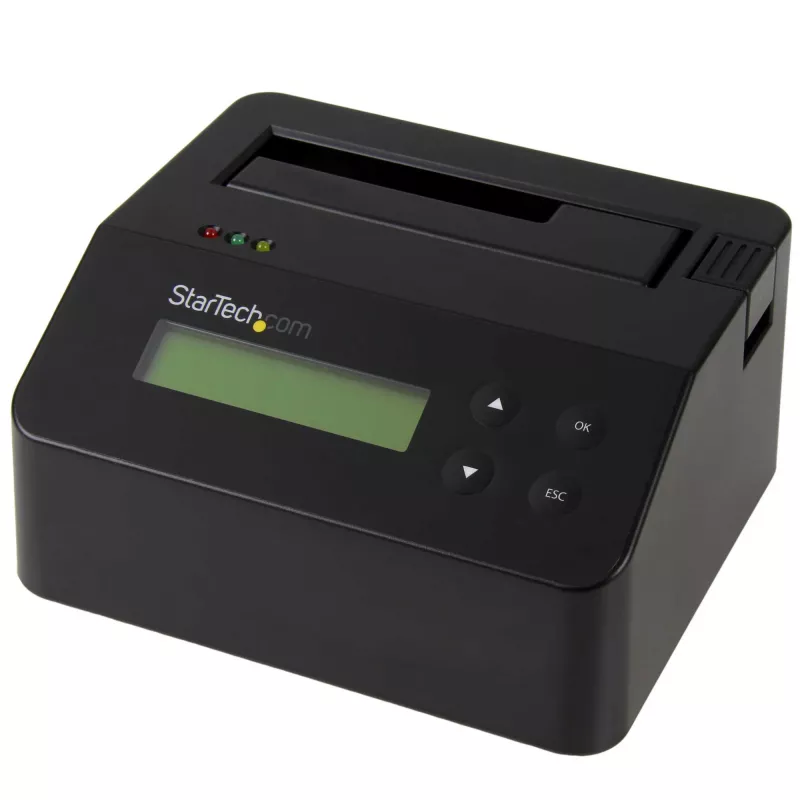 StarTech.com viena nodalījuma cieto disku dzēsējs, atsevišķs HDD/SSD sanitizators, USB 3.0 uz SATA II (3 Gbps), 9 dzēšanas režīmi, LCD displejs, drošas dzēšanas cieto disku sanitizācijas doks, DB-9 printera ports, TAA atbilstīgs