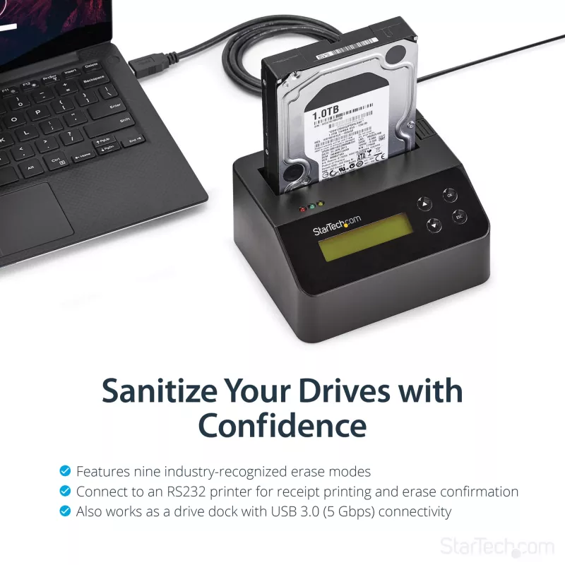 StarTech.com viena nodalījuma cieto disku dzēsējs, atsevišķs HDD/SSD sanitizators, USB 3.0 uz SATA II (3 Gbps), 9 dzēšanas režīmi, LCD displejs, drošas dzēšanas cieto disku sanitizācijas doks, DB-9 printera ports, TAA atbilstīgs