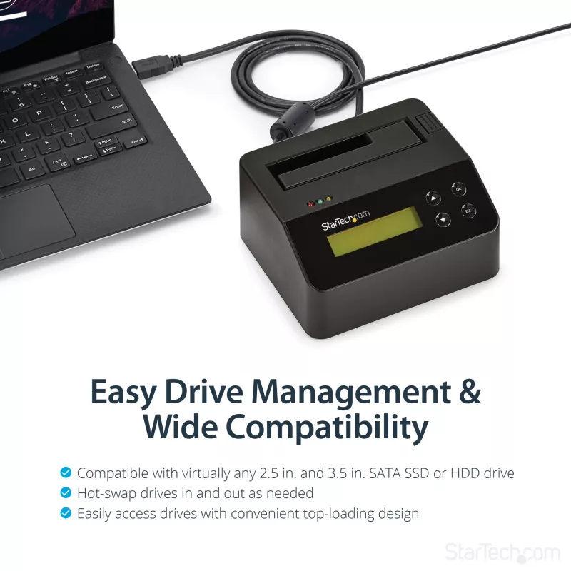 StarTech.com viena nodalījuma cieto disku dzēsējs, atsevišķs HDD/SSD sanitizators, USB 3.0 uz SATA II (3 Gbps), 9 dzēšanas režīmi, LCD displejs, drošas dzēšanas cieto disku sanitizācijas doks, DB-9 printera ports, TAA atbilstīgs