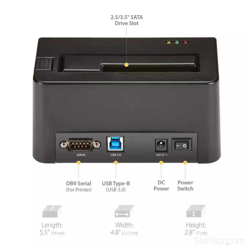 StarTech.com viena nodalījuma cieto disku dzēsējs, atsevišķs HDD/SSD sanitizators, USB 3.0 uz SATA II (3 Gbps), 9 dzēšanas režīmi, LCD displejs, drošas dzēšanas cieto disku sanitizācijas doks, DB-9 printera ports, TAA atbilstīgs