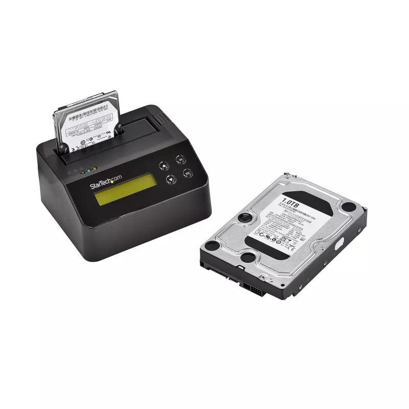 StarTech.com viena nodalījuma cieto disku dzēsējs, atsevišķs HDD/SSD sanitizators, USB 3.0 uz SATA II (3 Gbps), 9 dzēšanas režīmi, LCD displejs, drošas dzēšanas cieto disku sanitizācijas doks, DB-9 printera ports, TAA atbilstīgs