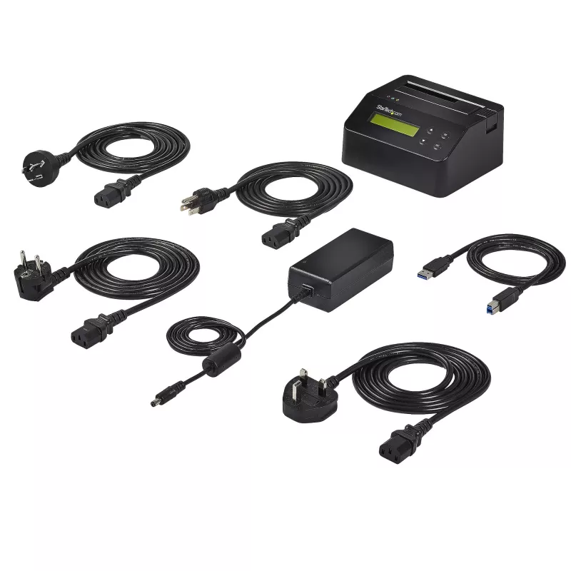 StarTech.com viena nodalījuma cieto disku dzēsējs, atsevišķs HDD/SSD sanitizators, USB 3.0 uz SATA II (3 Gbps), 9 dzēšanas režīmi, LCD displejs, drošas dzēšanas cieto disku sanitizācijas doks, DB-9 printera ports, TAA atbilstīgs