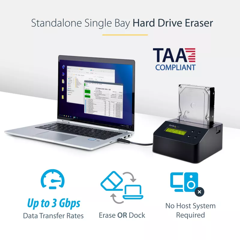 StarTech.com viena nodalījuma cieto disku dzēsējs, atsevišķs HDD/SSD sanitizators, USB 3.0 uz SATA II (3 Gbps), 9 dzēšanas režīmi, LCD displejs, drošas dzēšanas cieto disku sanitizācijas doks, DB-9 printera ports, TAA atbilstīgs