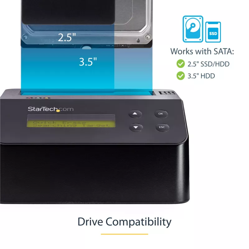 StarTech.com viena nodalījuma cieto disku dzēsējs, atsevišķs HDD/SSD sanitizators, USB 3.0 uz SATA II (3 Gbps), 9 dzēšanas režīmi, LCD displejs, drošas dzēšanas cieto disku sanitizācijas doks, DB-9 printera ports, TAA atbilstīgs