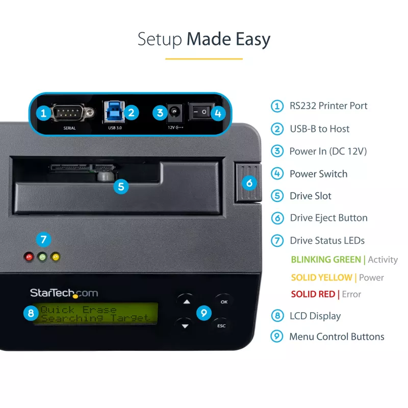 StarTech.com viena nodalījuma cieto disku dzēsējs, atsevišķs HDD/SSD sanitizators, USB 3.0 uz SATA II (3 Gbps), 9 dzēšanas režīmi, LCD displejs, drošas dzēšanas cieto disku sanitizācijas doks, DB-9 printera ports, TAA atbilstīgs