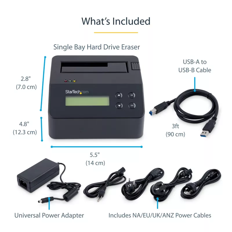 StarTech.com viena nodalījuma cieto disku dzēsējs, atsevišķs HDD/SSD sanitizators, USB 3.0 uz SATA II (3 Gbps), 9 dzēšanas režīmi, LCD displejs, drošas dzēšanas cieto disku sanitizācijas doks, DB-9 printera ports, TAA atbilstīgs