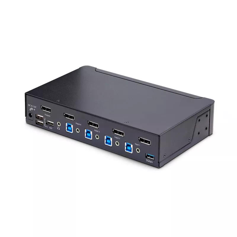 StarTech.com 4 portu DisplayPort KVM slēdzis, 8K 60Hz / 4K 144Hz, viens displejs, DP 1.4, 2x USB 3.0 pieslēgvietas, 4x USB 2.0 HID pieslēgvietas, pārslēgšana ar pogu un karstajiem taustiņiem, TAA atbilstīgs – neatkarīgs no OS, metāla korpuss
