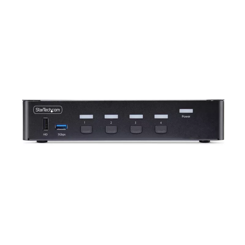 StarTech.com 4 portu DisplayPort KVM slēdzis, 8K 60Hz / 4K 144Hz, viens displejs, DP 1.4, 2x USB 3.0 pieslēgvietas, 4x USB 2.0 HID pieslēgvietas, pārslēgšana ar pogu un karstajiem taustiņiem, TAA atbilstīgs – neatkarīgs no OS, metāla korpuss