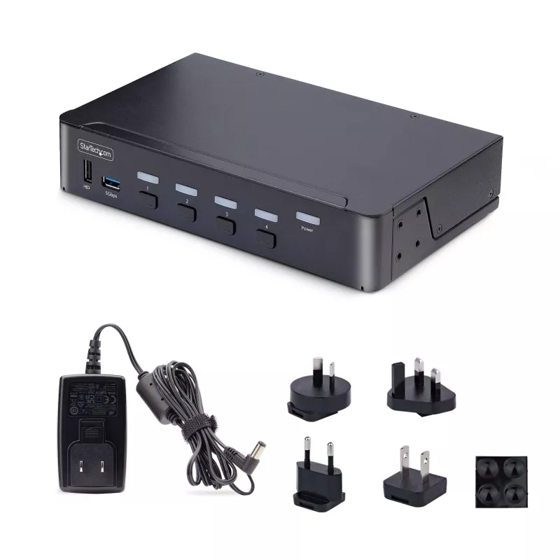 StarTech.com 4 portu DisplayPort KVM slēdzis, 8K 60Hz / 4K 144Hz, viens displejs, DP 1.4, 2x USB 3.0 pieslēgvietas, 4x USB 2.0 HID pieslēgvietas, pārslēgšana ar pogu un karstajiem taustiņiem, TAA atbilstīgs – neatkarīgs no OS, metāla korpuss