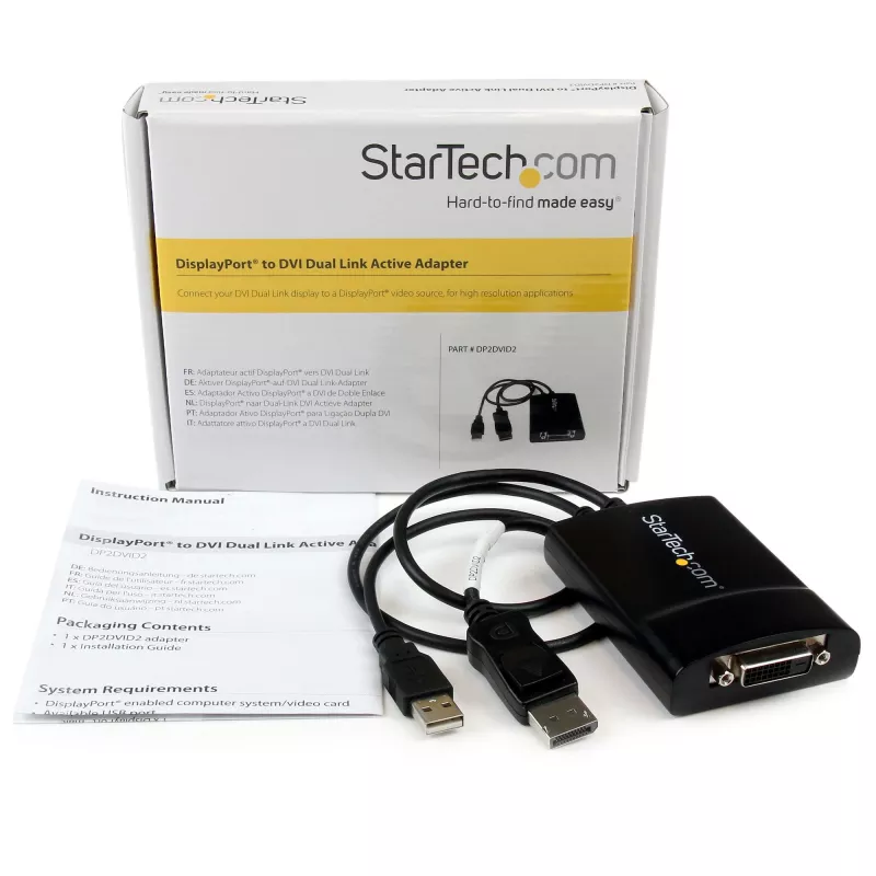 StarTech.com DisplayPort uz DVI Dual Link aktīvais adapteris - DisplayPort uz DVI-D adaptera video pārveidotājs 2560x1600 60Hz - DP 1.2 uz DVI monitoru - ar USB barošanu - ar fiksējošu DP savienotāju