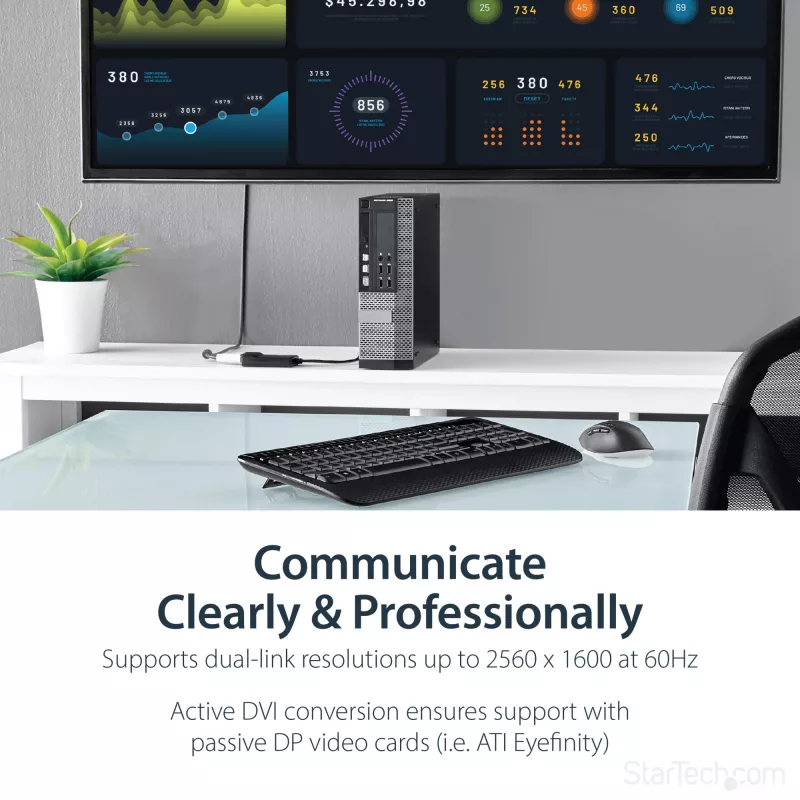 StarTech.com DisplayPort uz DVI Dual Link aktīvais adapteris - DisplayPort uz DVI-D adaptera video pārveidotājs 2560x1600 60Hz - DP 1.2 uz DVI monitoru - ar USB barošanu - ar fiksējošu DP savienotāju